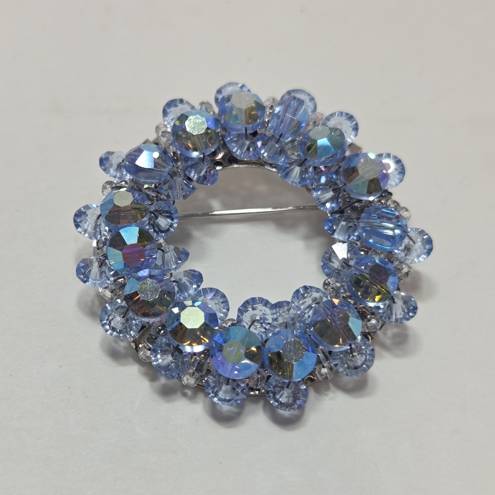 HOBE blue ab coated crystal beaded brooch pin vintage round glass faceted stones